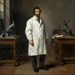 a contemporary painting of a scientist in a white coat stands in a large studio by caravaggio
