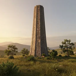 A beautiful hyper realistic detailed matte painting of an ancient tower carved with runes ans magic symbols|montane grassland landscape at sunrise| a lot of small bushes and trees|by John Howe and Andreas Rocha and Martin Johnson Heade and Albert Bierstadt|unreal engine, trending on artstation, barometric projection, rectilinear