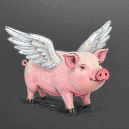 chalk pastel drawing of of a flying pig with wings