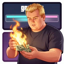 fat blonde man burning money, grand theft auto artwork style, gta loading screen, highly detailed, illustration, smooth