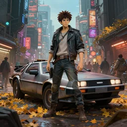 an epic fantasy comic book style portrait painting of an abandoned delorean standing in a crowded busy cyberpunk city, studio ghibli, unreal 5, daz, hyperrealistic, octane render, cosplay, rpg portrait, dynamic lighting, intricate detail, harvest fall vibrancy, cinematic