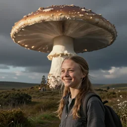 Greta Thunberg smiling, a mushroom cloud in the background