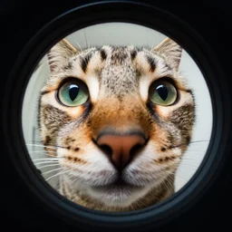 up close fisheye lens photo of a cats face, macro photography, complementing colors, film