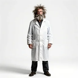 grizzled mad scientist with wild hair, studio photography, full body, standing, isolated on a pure white background, centered, whole figure in frame, sharp focus, studio lighting