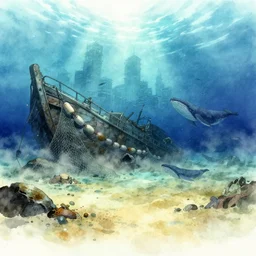 incredible wide screenshot, ultrawide, simple watercolor, rough paper texture, ghost in the shell movie scene, underwater backlit shot of submerged city, underwater, boat wreck, bouys, fishing net, fish shoal, reef, boulders, whales, bright sun bleached ground, fog, dust, windy, pencil marks, shinjuku, koji morimoto, katsuya terada, masamune shirow, tatsuyuki tanaka hd, 4 k, remaster, dynamic camera angle, deep 3 point perspective, fish eye, dynamic lighting
