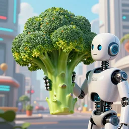 portrait of a cinestrial broccoli talking to a robot with a robotic face in a futuristic city in the year 2 8 5 4, highly detailed, digital painting, artstation, 8 k