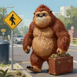 a cg painting of Sassy the Sasquatch going through Border security with a suitcase full of weed