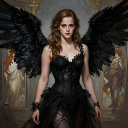 emma watson as an dark angel, black lace, highly detailed, digital painting, matte, sharp focus, art by artgerm, greg rutkowski, alphonse mucha, frank frzetta, boris vallejo, bouguereau, beksinski, cinematic