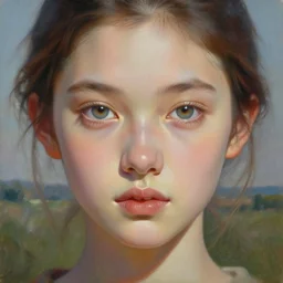 hyper detailed portrait painting of a girl with big eyes in the style of artist mark ryden, symmetrical composition, in a landscape