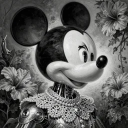masterpiece profile portrait painting of mickey mouse, dutch masters, black and white, silver lace floral steampunk biomechanical beautiful one techno eye young female cyborg, big monocular, volumetric light, leaves foliage and stems, hibiscus flowers, by cecile beaton, rim light, big gothic fashion pearl embroidered collar, 8 k