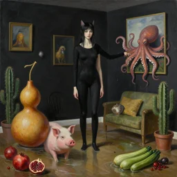 realistic painting of a flooded female artist's apartment, a tall emo catgirl, a gourd sculpture, a pig, an octopus reaching out from inside paintings on black walls, pomegranates, cactus, octopus, courgettes, 1 6 mm, berries, zen, sensual, surrealist painting by magritte and rousseau and monet