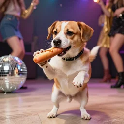 A dog dancing at a disco party, eating hotdog. Photography realism. High detail