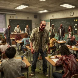 highly detailed modern high school classroom with zombies in gta v, horrible rotting flesh, stephen bliss, unreal engine, fantasy art by greg rutkowski, loish, rhads, ferdinand knab, makoto shinkai and lois van baarle, ilya kuvshinov, rossdraws, tom bagshaw, global illumination, detailed and intricate environment