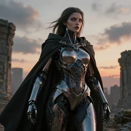 portrait of a diabolical beautiful female cyborg girl, cloak cape, adaptive armor, dynamic pose, heavy eyes to the side, ancient ruins, glowing veins subsurface scattering, in clouds, sunset, portrait, by gerald brom, by mikhail vrubel, by peter elson, muted colors, extreme detail, reflections, trending on artstation, 8 k