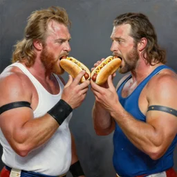 portrait of wwf rick rude and wwf jake roberts sharing hotdogs, an oil painting by ross tran and thomas kincade