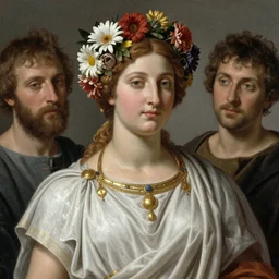 portrait of an ancient greek woman, with flowers on her head, wearing a tunic with gold jewelry, by donato giancola and nikolay makovsky.