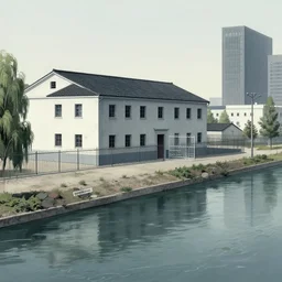 a chinese prison by a river, in the style of junji ito, parts by edward hopper, parts by rodcenko, parts by yue minjun, parts by peter doig, intricate and epic composition, modern, 4 k, very detailed, insanely quality, line brush, highly detailed, masterpiece, overlaid with chinese adverts