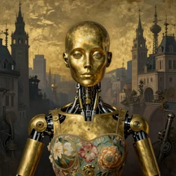 brass semi - mechanical woman, headshot portrait, floral art novuea dress, art by moebius, j. c. leyendecker, john bauer, in steampunk cityscape designed by victor horta, golden hour, dark shadows, robotic prosthetic limbs, symmetrical