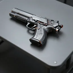 corner gun on a grey table, highly technical, futuristic, reinforced, concept art