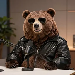 an oversized bear on a podcast smiling, sitting at a table in front of a mic, wearing sunglasses and a black, stylish leather jacket