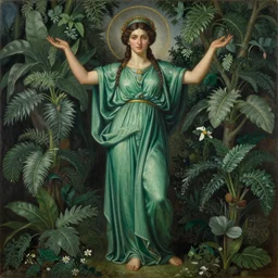 a painting of a beautiful greek goddess of nature, ceuna circa 1 8 9 3, greek mythology, goddess, oil on canvas, intricate details, high quality, long green luxurious robe, dark hair, beautiful face, symmerty