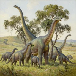 beautiful highly detailed oil painting of a herd of diplodocus eating trees in a hilly grassy plain, by william turner, by greg rutkowski, 4 k resolution