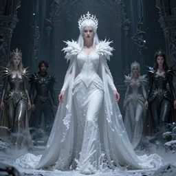 epic professional digital art of the white snow queen, atmospheric lighting, painted, complex, detailed, sinister background, leesha hannigan, wayne haag, reina rocin, ignacio fernandez rios, mark ryden, iris van herpen, epic, stunning, magnificent, very wow, cinematic, masterpiece.