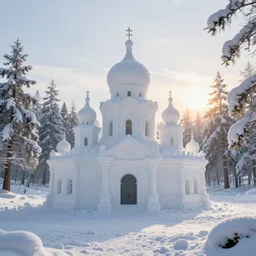 An elaborate snow palace, sun rising in the back, snow falling from the sky, snow covered trees surrounding the palace, hyperdetailed, artstation, cgsociety, 8k