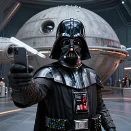 darth vader taking a selfie in front of the death star ultrarealistic, intricate detail, high resolution, volumetric lighting, octane render, 8 k