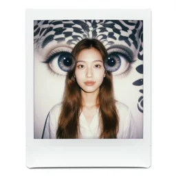 a woman with long brown hair wearing a white shirt, a polaroid photo by bob ross, trending on tumblr, optical illusion, white background, shiny eyes, 3 d