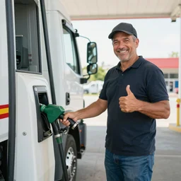 truck driver at a truck stop giving thumbs up while pumping fuel in the background