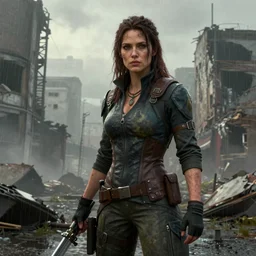 fallout 5, charismatic beautiful rugged brunette female protagonist, portrait, outdoors ruined cityscape, atmospheric lighting, painted, intricate, volumetric lighting, beautiful, foggy, rain, daytime, slight overcast weather, sharp focus, deep colours, ultra detailed, by leesha hannigan, ross tran, thierry doizon, kai carpenter, ignacio fernandez rios