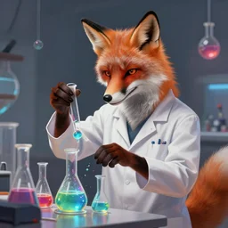 a humanoid fox wearing scientist's clothes and doing experiments with colorful chemicals, digital painting, masterpiece, digital art, high quality, highly detailed, concept art, trending on deviantart, high coherence, anatomically correct, five fingers, cinematic, high definition, path traced