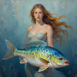 Fish goddess painting by Dan Hillier, trending on artstation, artstationHD, artstationHQ, 4k, 8k