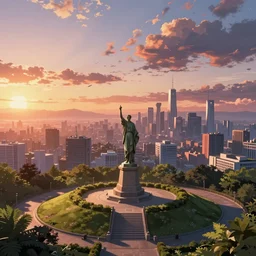 a statue in a small park on top of a hill that overlooks a futuristic city at sunset, anime background art, rule of thirds