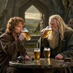 frodo ( elijah wood ) and galadriel ( cate blanchett ) and gandalf ( ian mckellen ) is drinking beer in the new lord of the rings movie