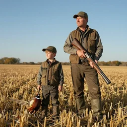 photograph of father and son pheasant hunting in wheat stubble on a fall day, blue sky. cinematic lighting. award winning photo. in style of norman rockwell. high detail.