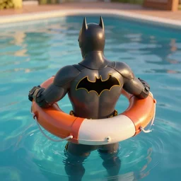 photo taken from behind, batman is using a life preserver and floating over a pool, golden hour, unreal engine 5, trending on artstation