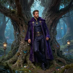 ryan reynolds wearing wizard outfit leans against a magical tree romance novel fantasy artwork epic detailed and intricate digital painting trending on artstation by wlop octane render