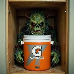 grainy photo of a gatorade cooler as a creepy monster in a closet, harsh flash