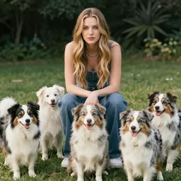 the singer Chani Riiell Leavitt surrounded by mini Australian Shepherd dogs