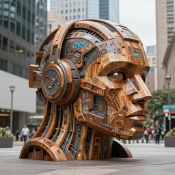 massive futuristic techno graffiti sculpture made of mahogany, in a city square, depth of field, XF IQ4, 150MP, 50mm, F1.4, ISO 200, 1/160s, natural light