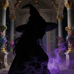 a close - up portrait of a silhouetted supernatural witch in baroque neoclassicist halls overgrown with colorful otherworldly technology. close - up view, detailed textures. glowing purple fog, dark black background. highly detailed fantasy science fiction painting by moebius, norman rockwell, frank frazetta, and syd mead. rich colors, high contrast