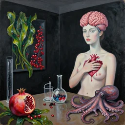apartment with black walls, portrait of a woman holding her heart and brain, berries dripping juice, pomegranate, sensual, seaweed, berries, octopus, scientific glassware, neo - expressionism, surrealism, acrylic and spray paint and oilstick on canvas