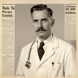 newspaper photo from 40s of a stern looking slim medical doctor with a regualar mustache and sidecut hair toupet