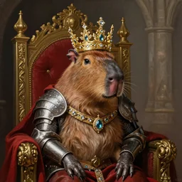 detailed photorealistic painting of a capybara wearing a highly detailed ornamented gold crown with diamonds, in a medieval knight armor with red cape, sitting on a throne in a castle, sharp focus in the style of ruan jia, Mandy jurgens, cinematic light, concept art, trending on artstation, ultra realistic