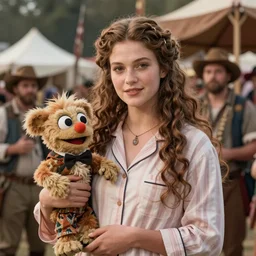 detailed ultrarealistic photography medium shot of dnd festival rustic robust young queen in pajama and furry muppet puppet leyendecker, norman rockwell, greg rutkowski, artstation cinematic,