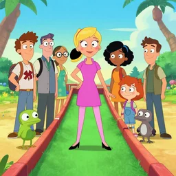 [ [ [ disco minature golfing queen ] ] ] alex hirsch, rebecca sugar, pendleton ward, dana terrace, noelle stevenson, dan povenmire, swampy marsh, cartoon, vibrant colors, beautiful