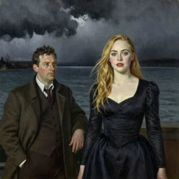 Elle Fanning at night, stormy weather, extremely detailed masterpiece, oil on canvas, by Norman Rockwell and Peter Ruben,