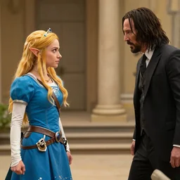 princess zelda shooting at agents smith, in the john wick movie, still frame.